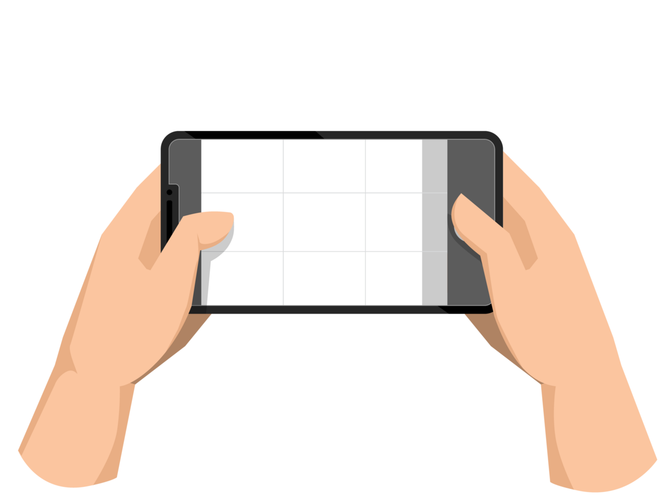 Hand holding horizontal phone, taking mobile photo. Making photograph with grid on smartphone screen. Using camera for shooting, recording . Flat graphic isolated png