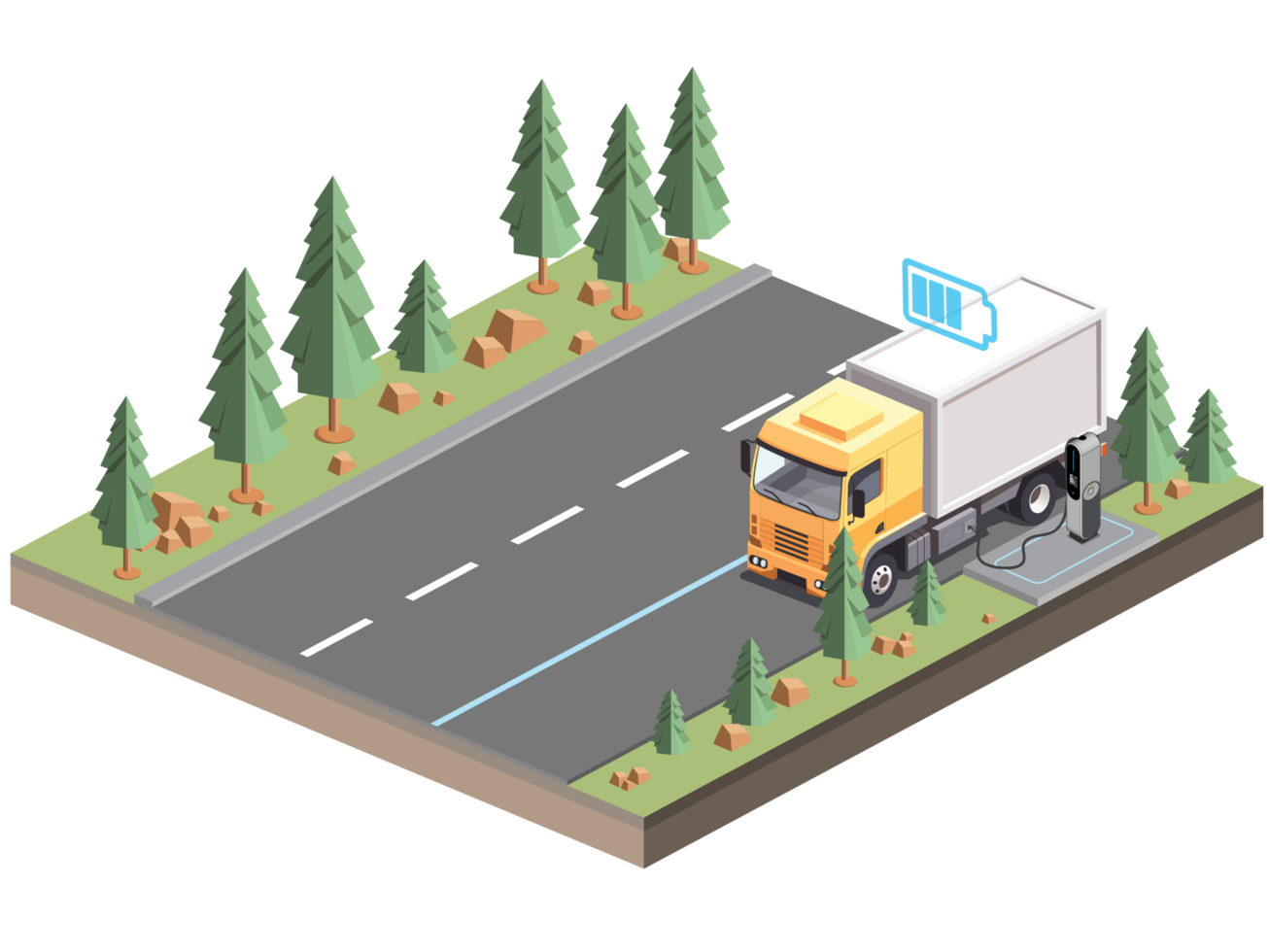 3D Isometric EV Car Charging Station local road in Futuristic trasportation Setting car truck flat illustration png