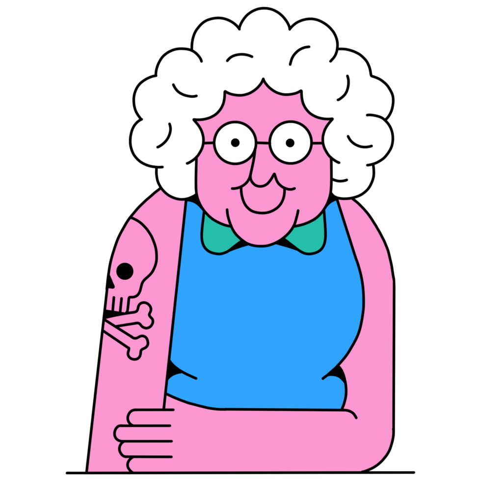 Pink-Skinned Old Woman with Skull Tattoo Illustration png