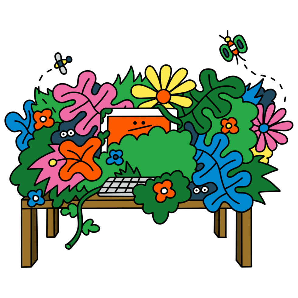 Garden Office Computer Desk Enveloped by Vibrant Flora and Fluttering Butterflies png