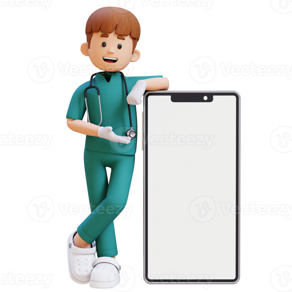 3D Doctor Character Presenting and Lying on Big Empty Phone Screen. Suitable for Medical content png