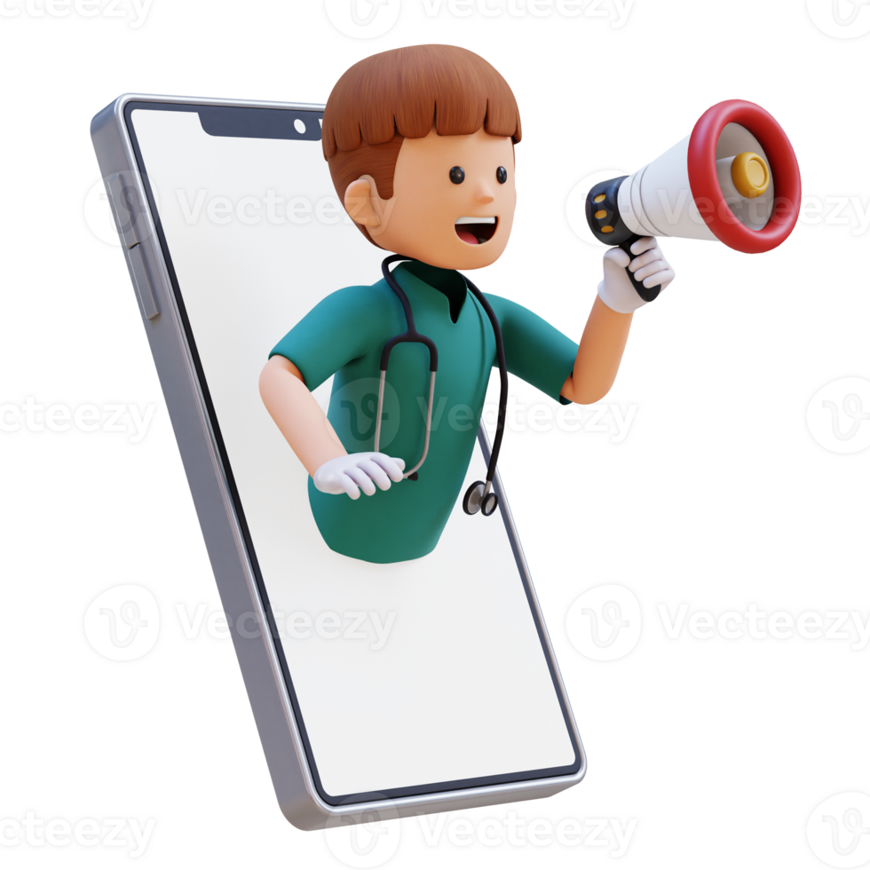 3D Doctor Character Jump from Phone Screen with Megaphone. Suitable for Medical content png