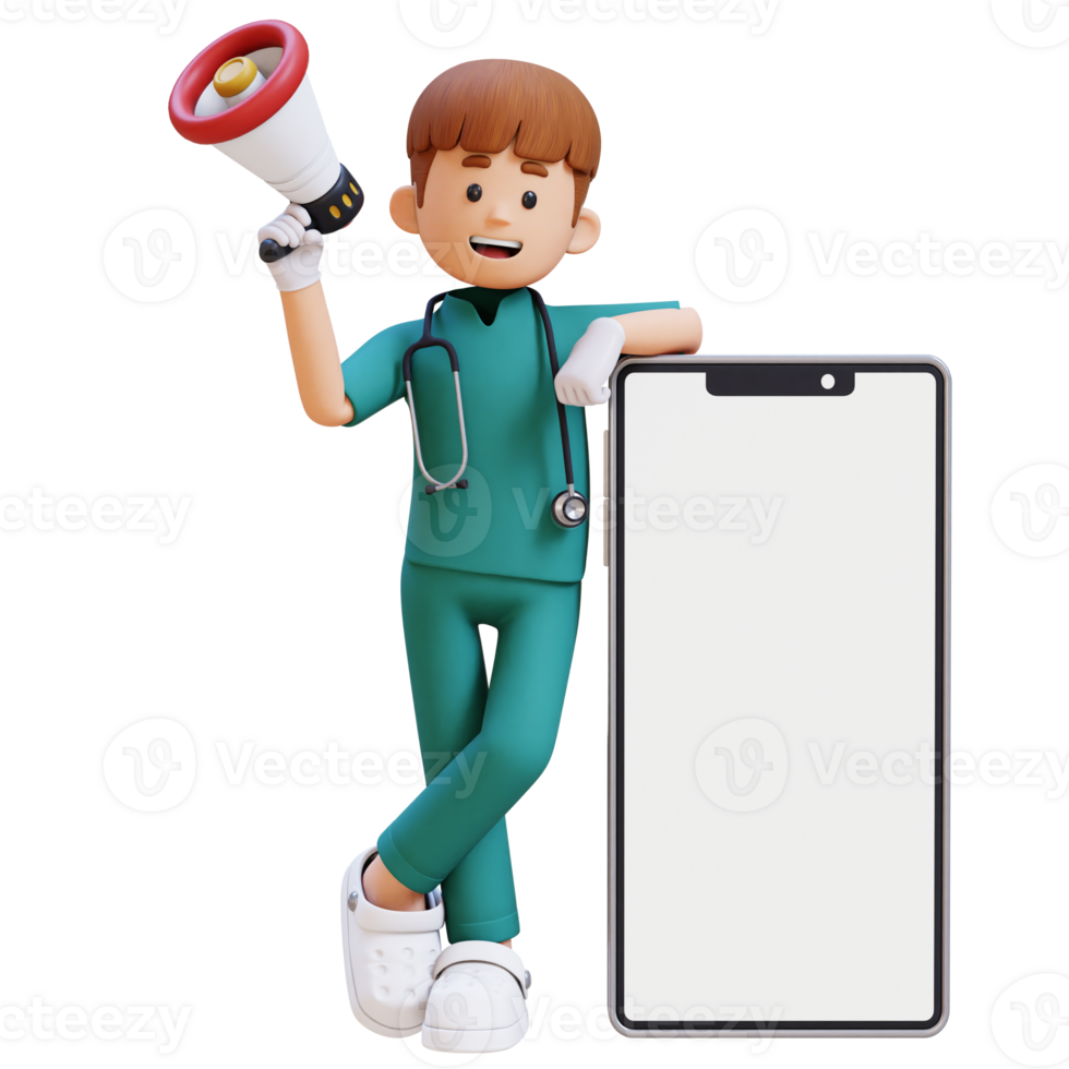 3D Doctor Character Holding Megaphone and Lying on Big Empty Phone Screen. Suitable for Medical content png