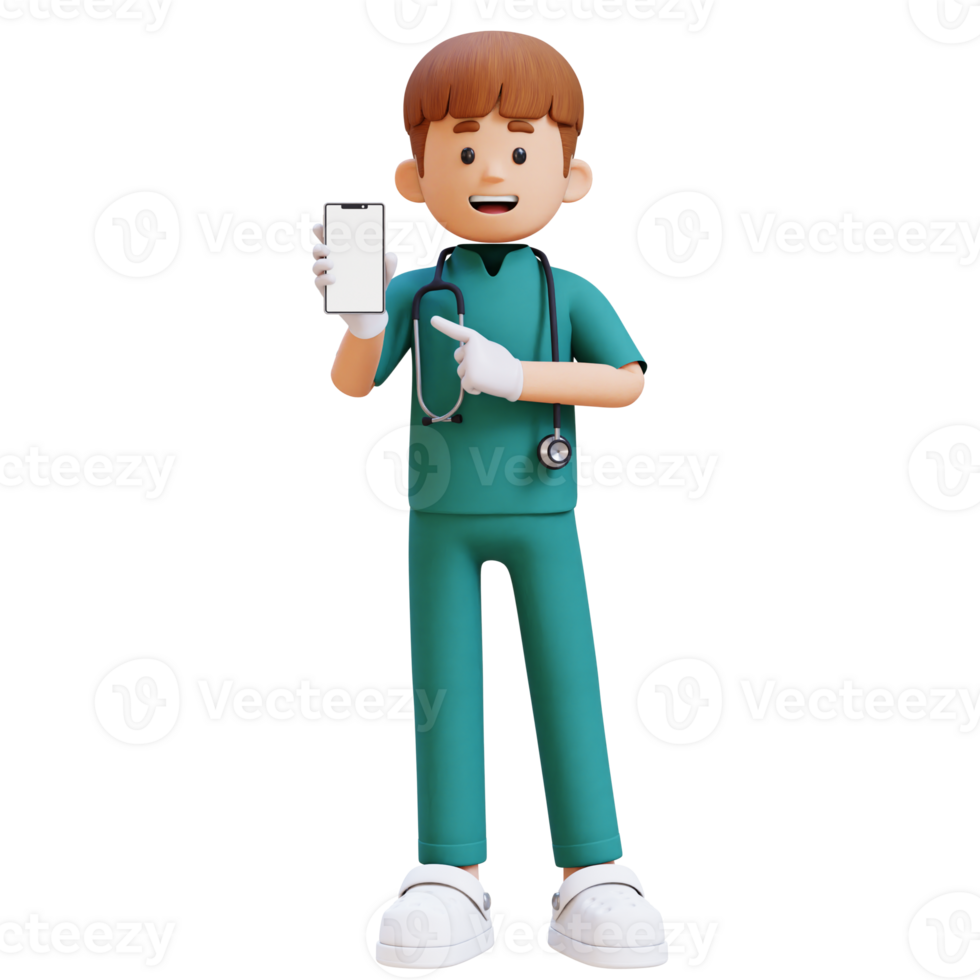 3D Doctor Character Pointing to Empty Phone Screen. Suitable for Medical content png