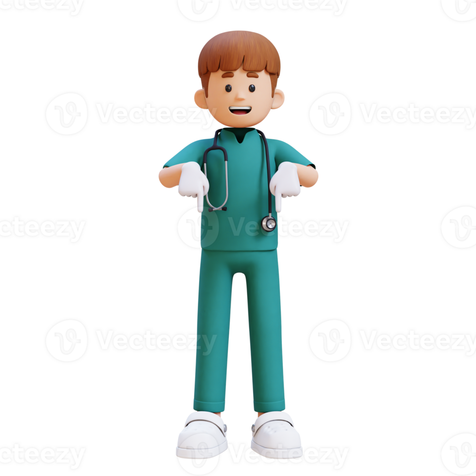3D Doctor Character Pointing Downward. Suitable for Medical content png