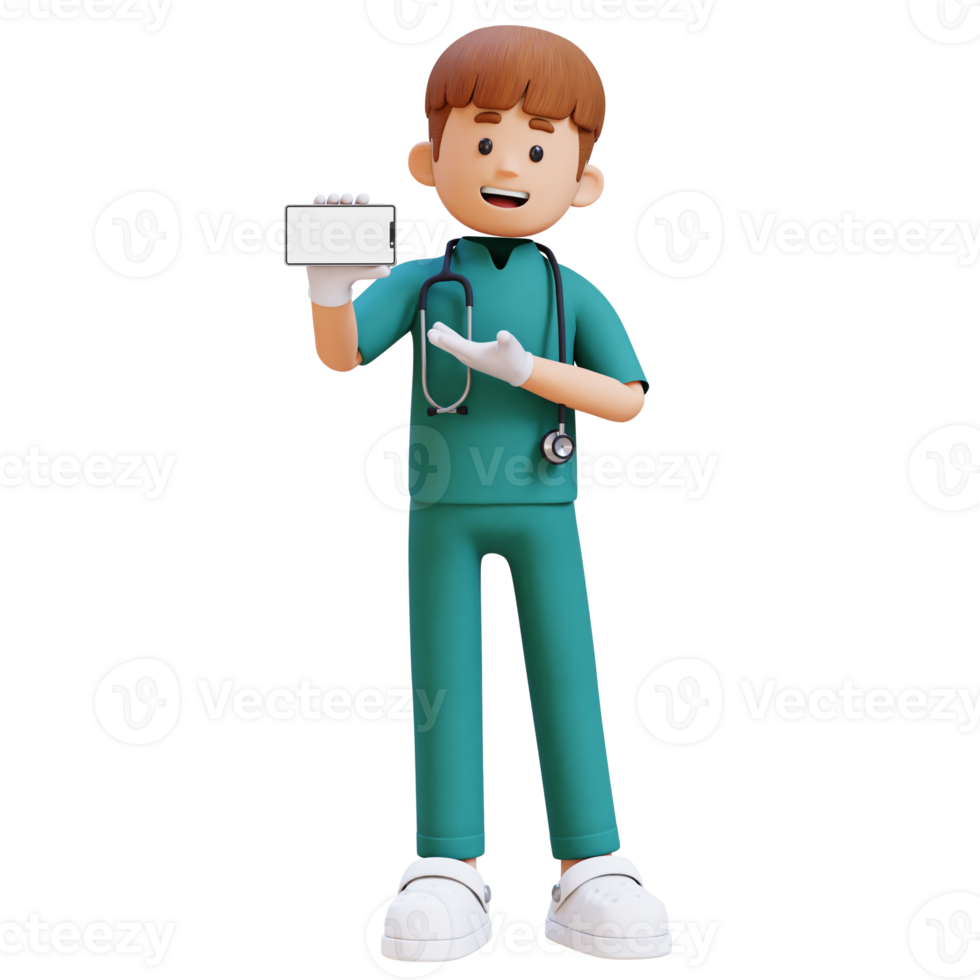 3D Doctor Character Presenting on Empty Phone Screen. Suitable for Medical content png