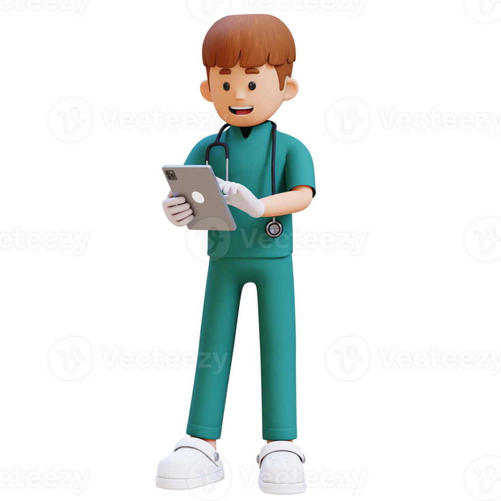3D Doctor Character Working with a Tablet. Suitable for Medical content png