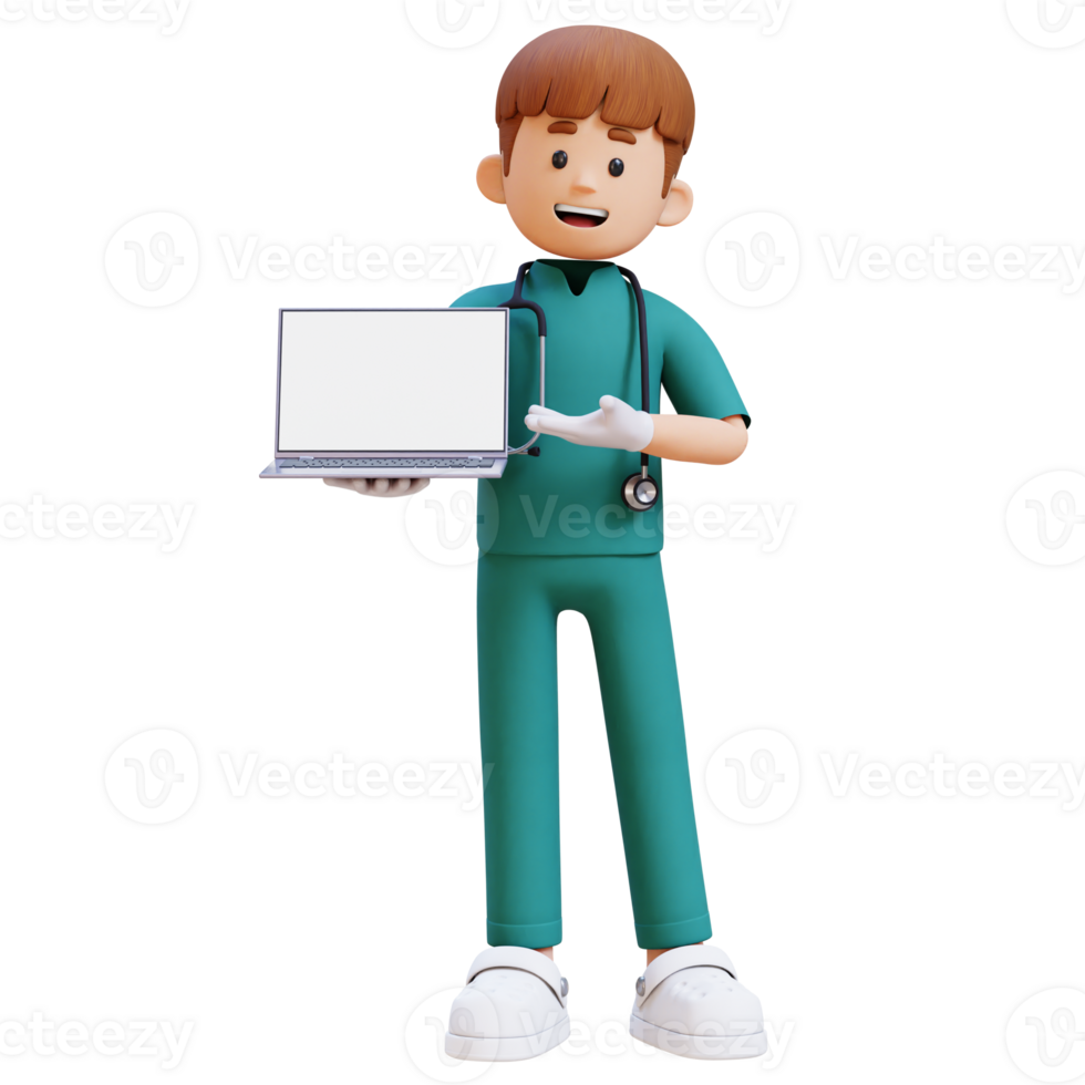 3D Doctor Character Presenting on Empty Computer Screen. Suitable for Medical content png