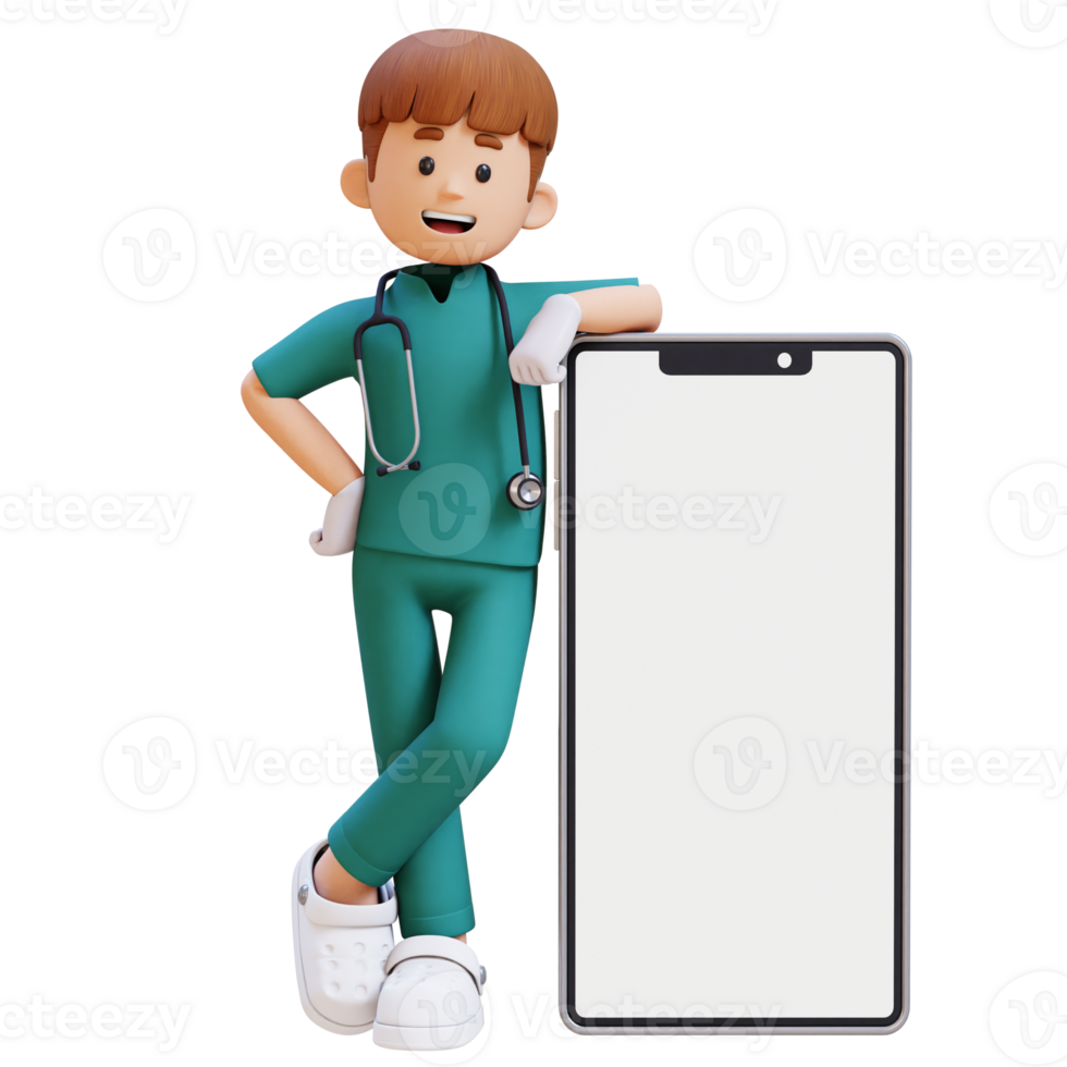 3D Doctor Character Lying on Large Empty Phone Screen. Suitable for Medical content png