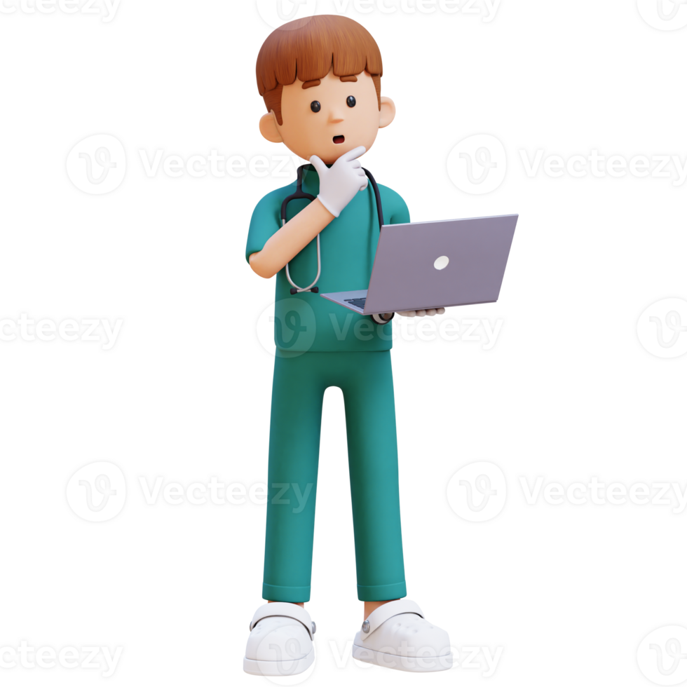 3D Doctor Character Thinking While Working on a Laptop. Suitable for Medical content png
