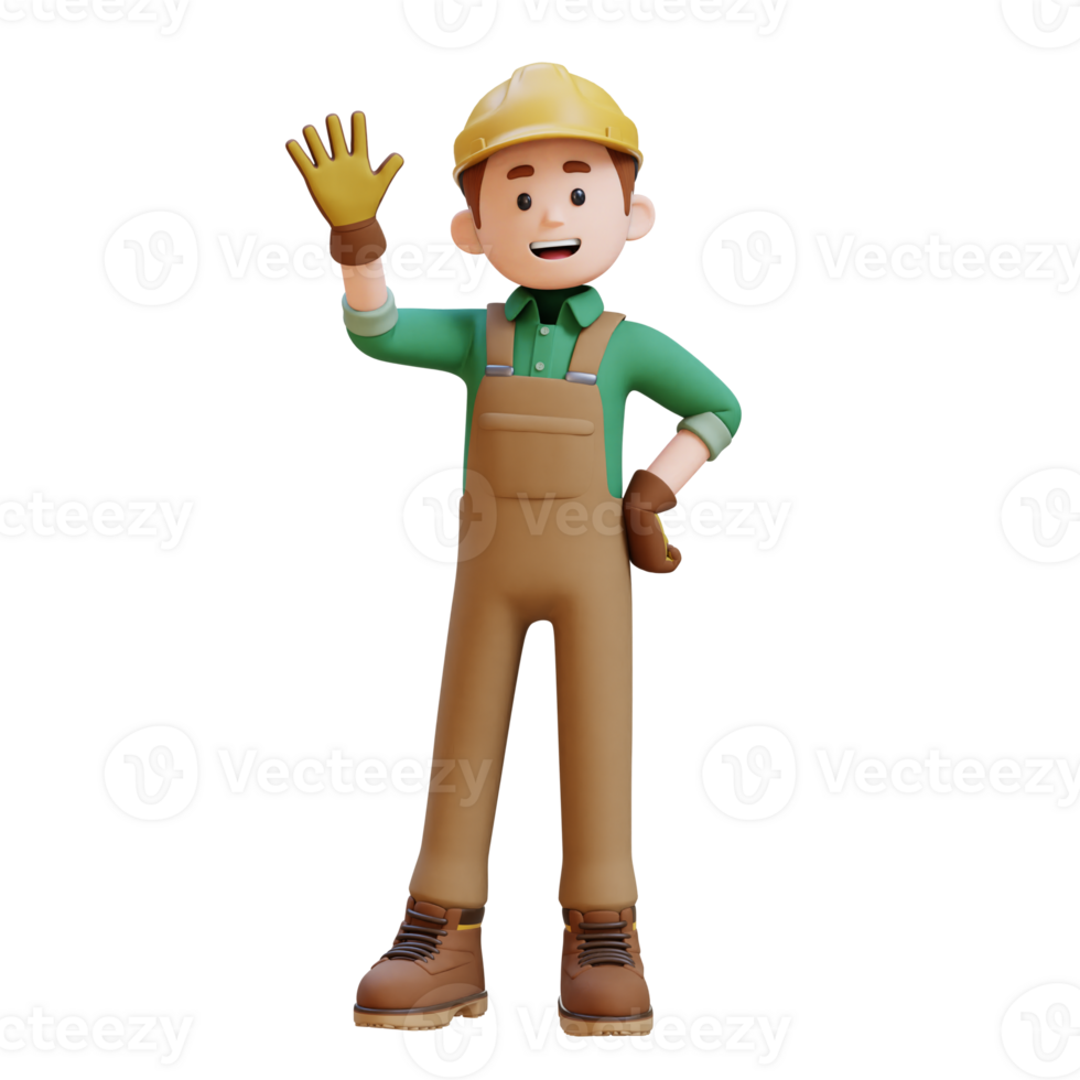 3D Construction Worker Character Waving Hand Pose png
