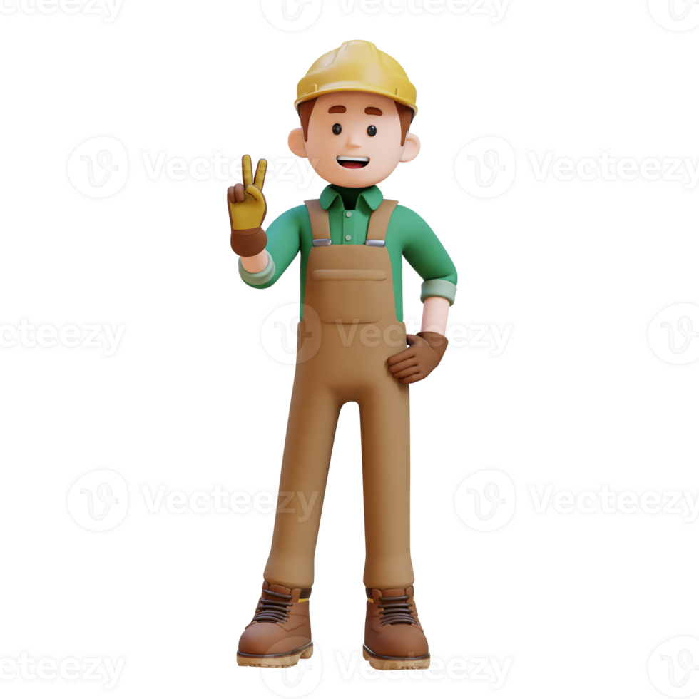 3D Construction Worker Character Giving Peace Hand Sign Pose png