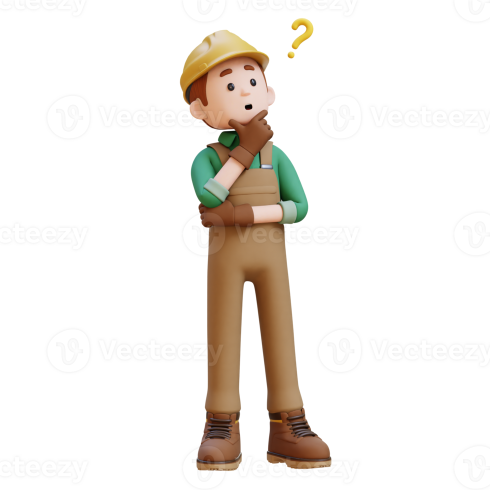 3D Construction Worker Character Confused and Thinking Pose png