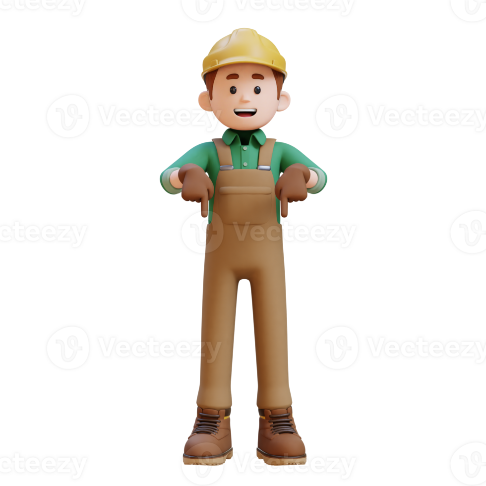 3D Construction Worker Character Pointing Downward png