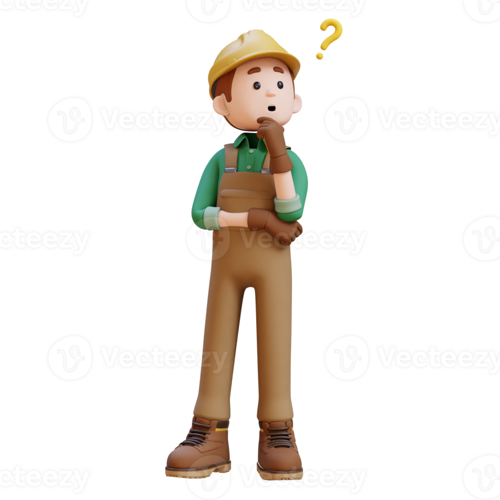 3D Construction Worker Character Confused and Thinking Pose png