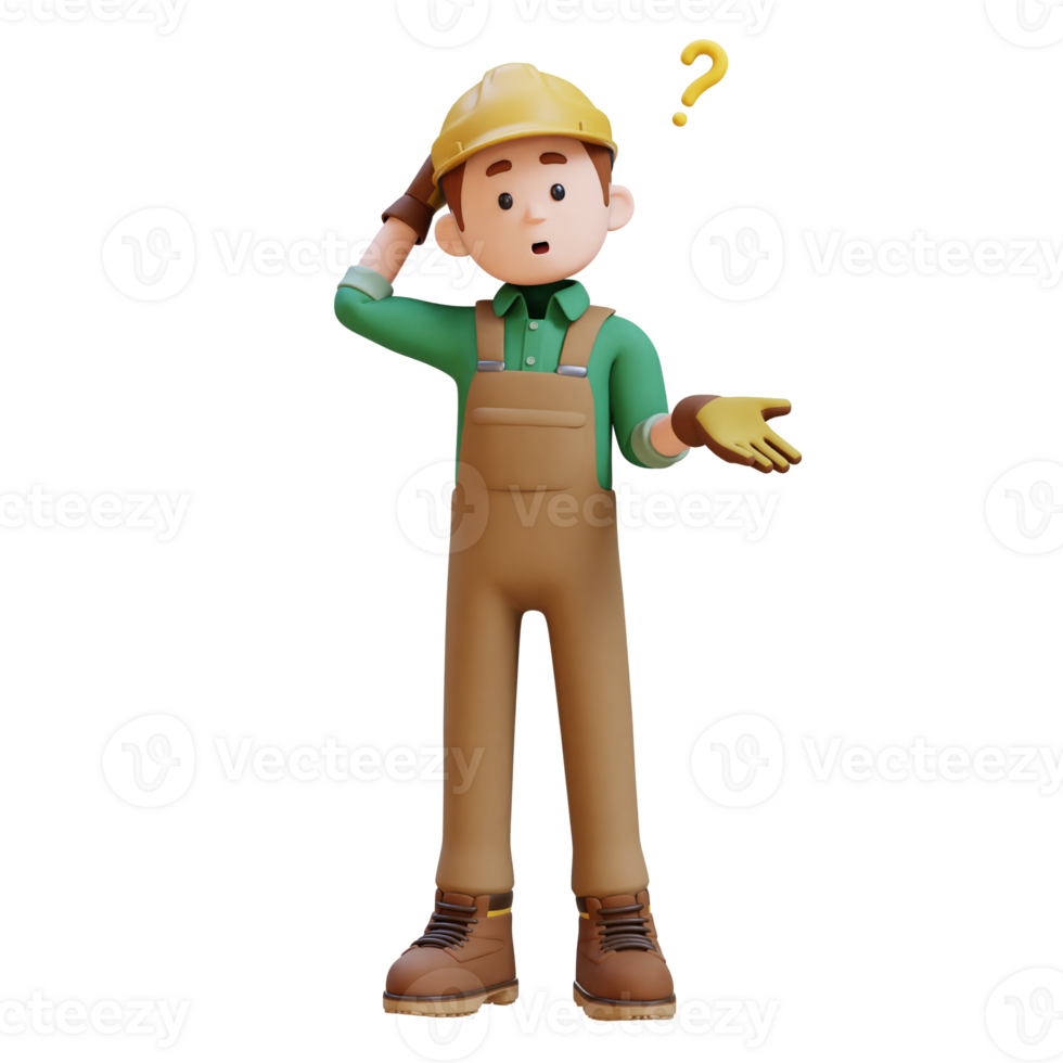 3D Construction Worker Character Confused and Thinking Pose png