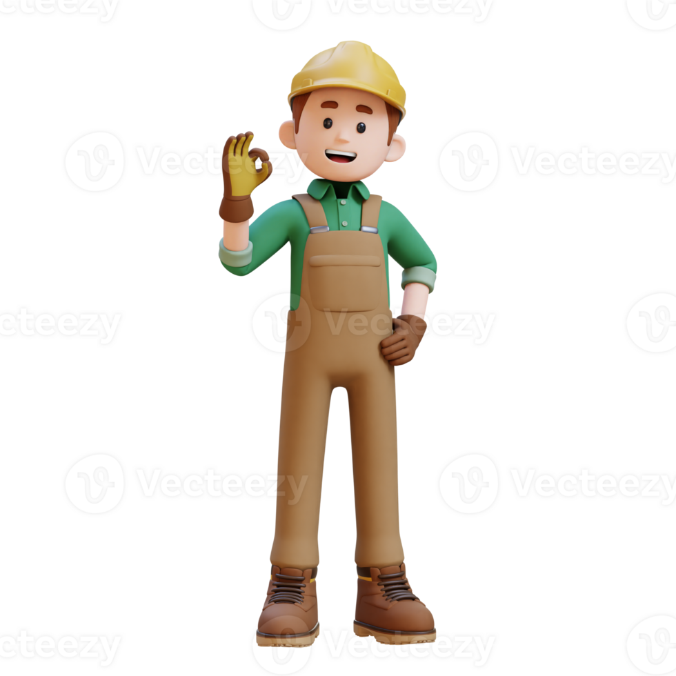 3D Construction Worker Character with OK Sign Hand Pose png