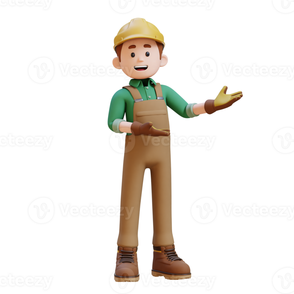 3D Construction Worker Character Presenting to the Left Pose png