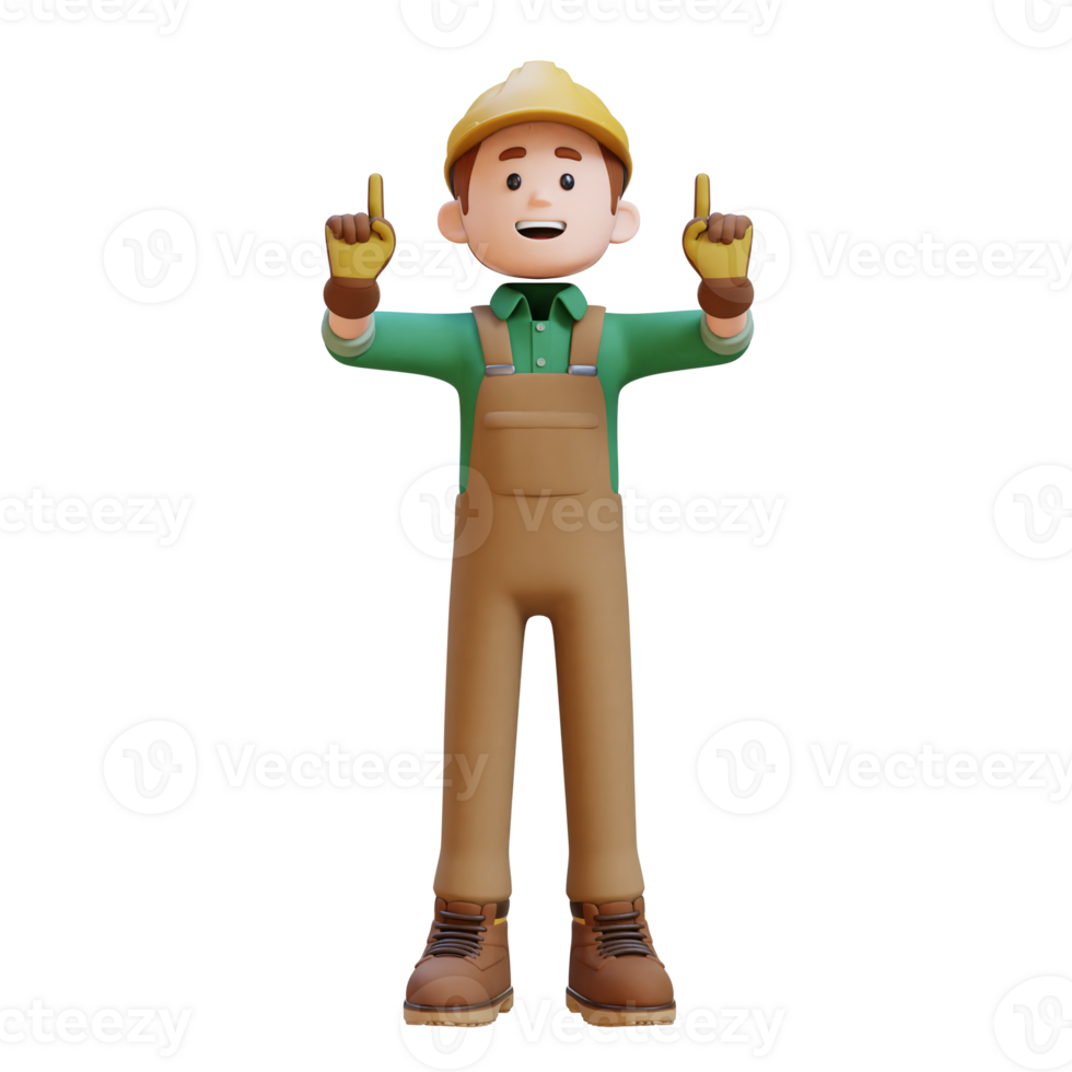 3D Construction Worker Character Pointing Upward png