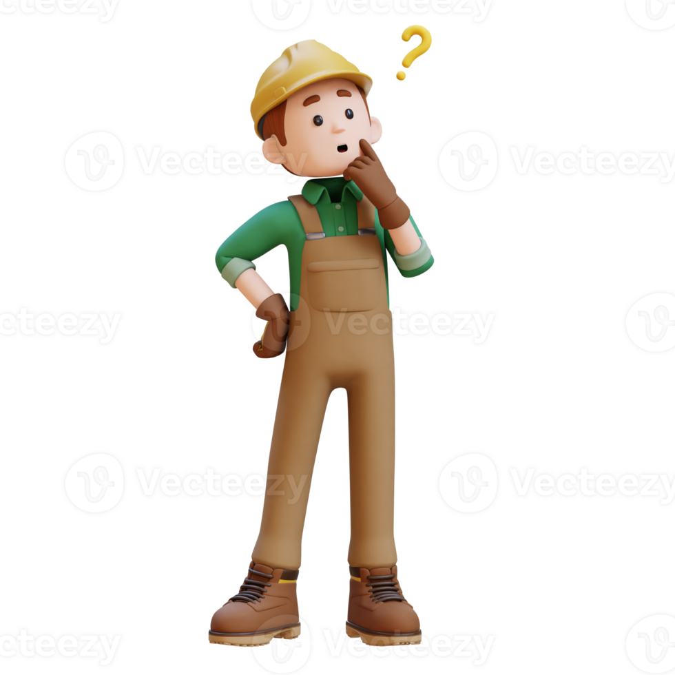 3D Construction Worker Character Confused and Thinking Pose png