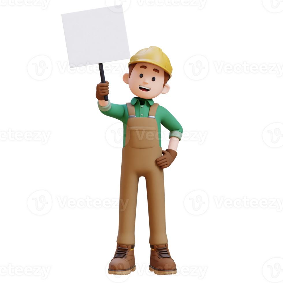 3D Construction Worker Character Holding Empty Placard png