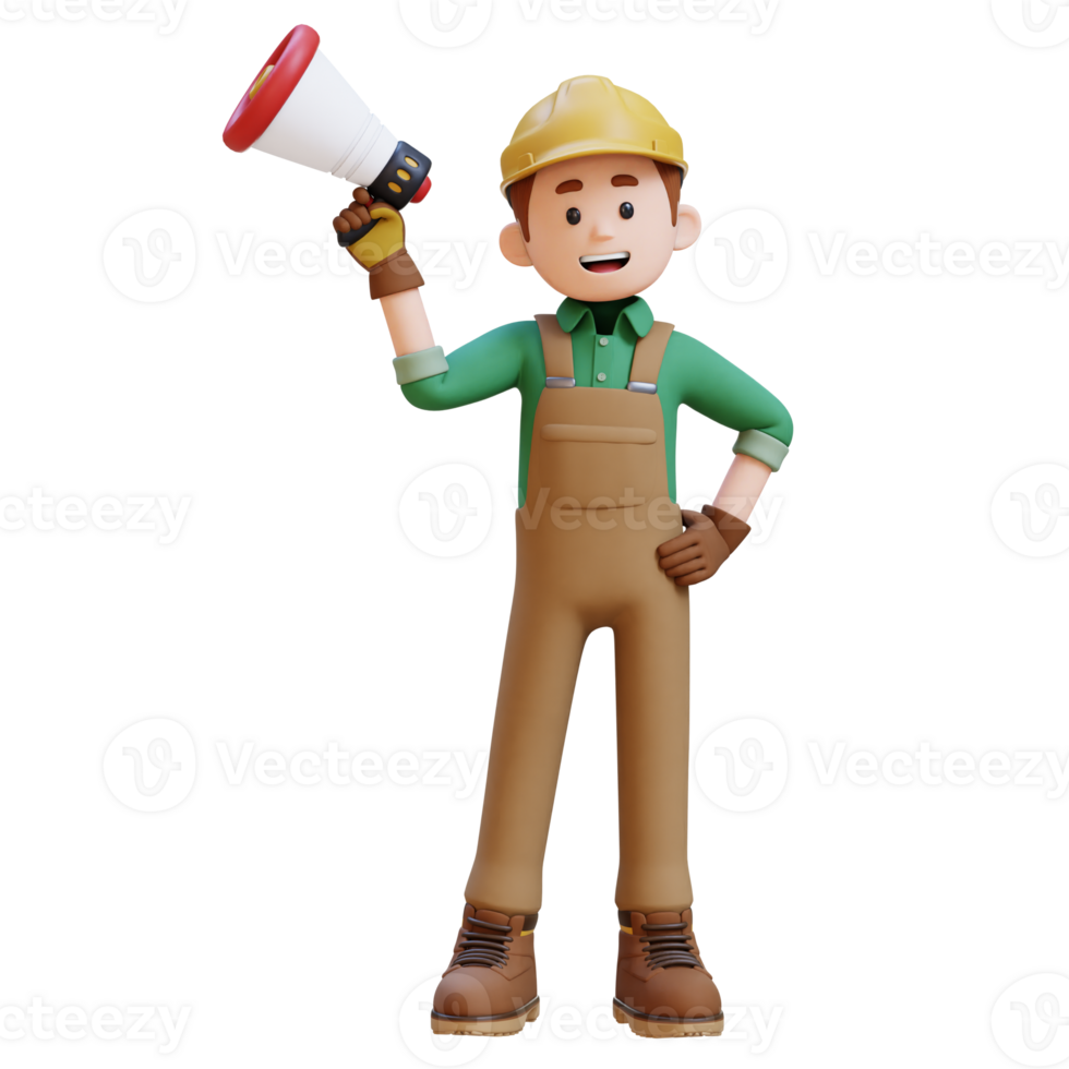 3D Construction Worker Character Holding Megaphone png