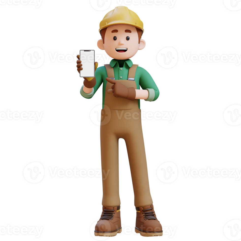 3D Construction Worker Character Pointing to Empty Phone Screen png