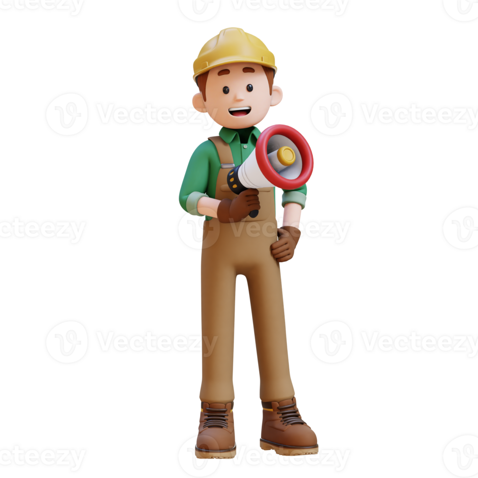 3D Construction Worker Character Holding Megaphone png