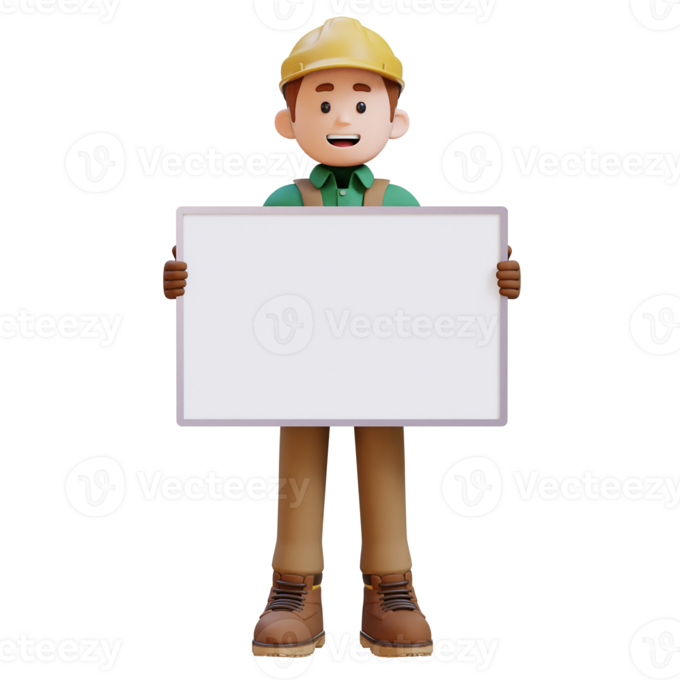 3D Construction Worker Character Holding Empty Placard png
