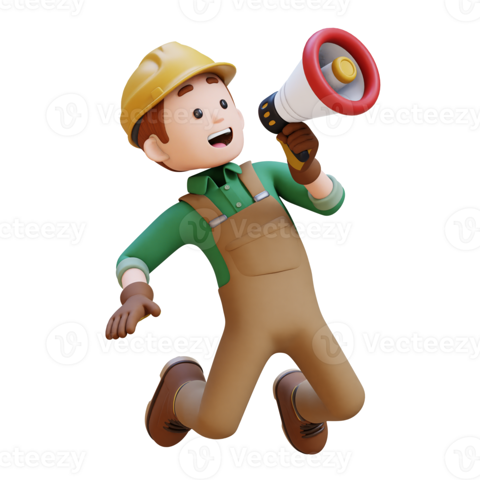 3D Construction Worker Character Holding Megaphone png