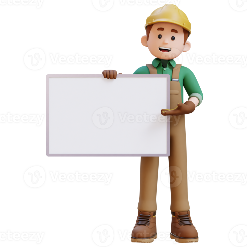 3D Construction Worker Character Holding Empty Placard png