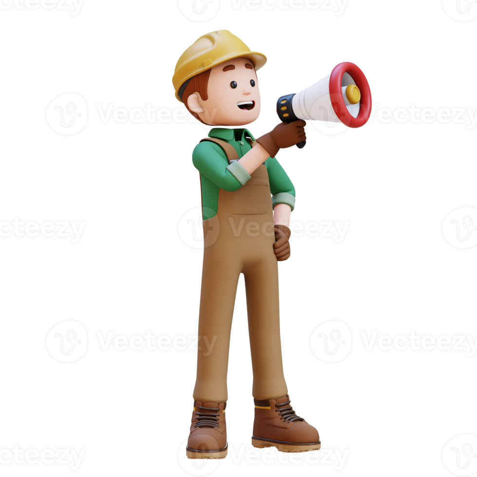 3D Construction Worker Character shouting with Megaphone png