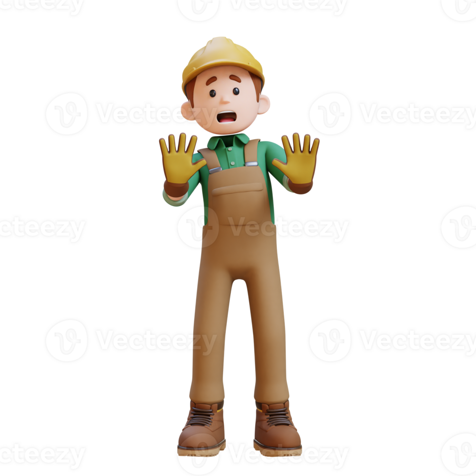 3D Construction Worker Character Fear and Denial Poses png