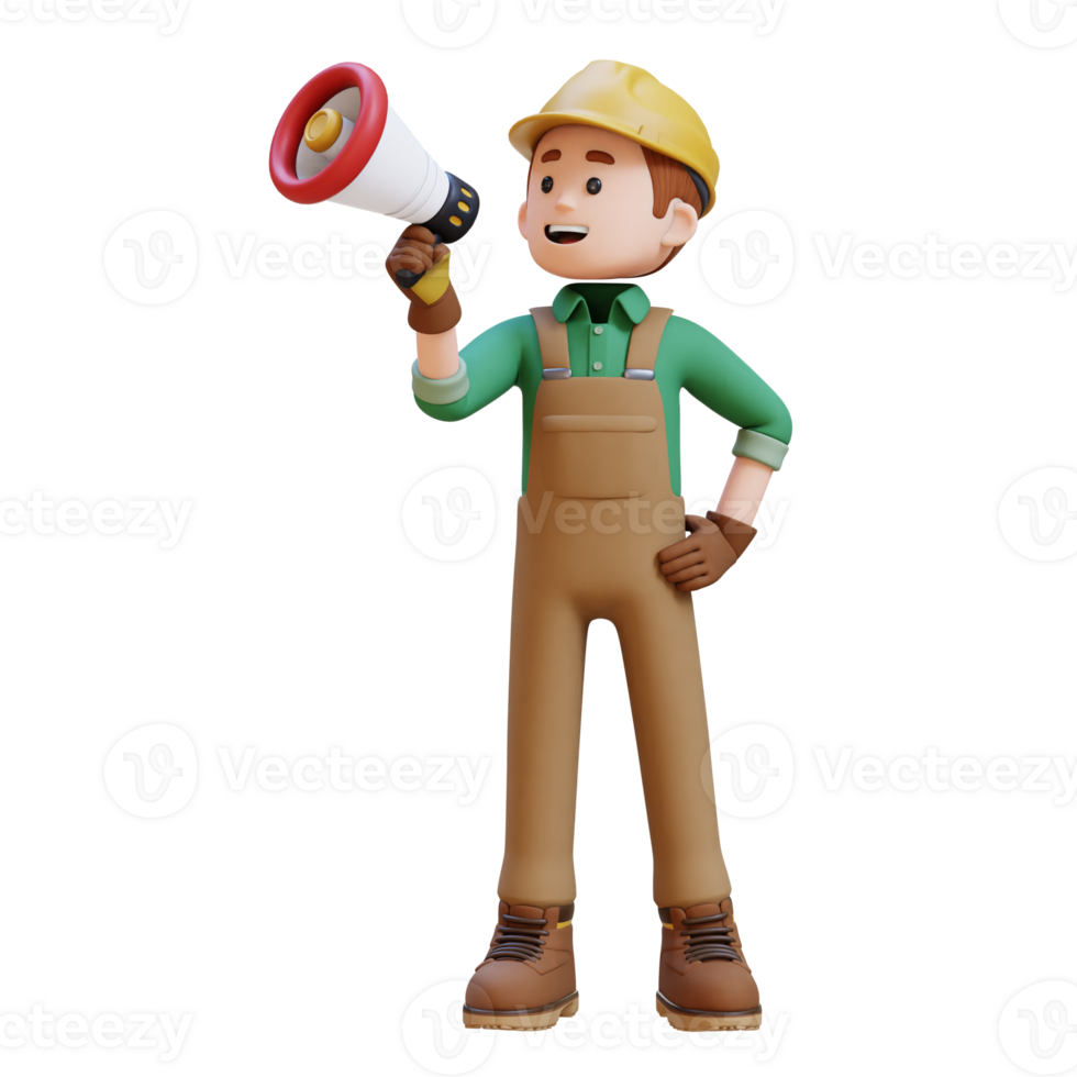 3D Construction Worker Character Holding Megaphone png