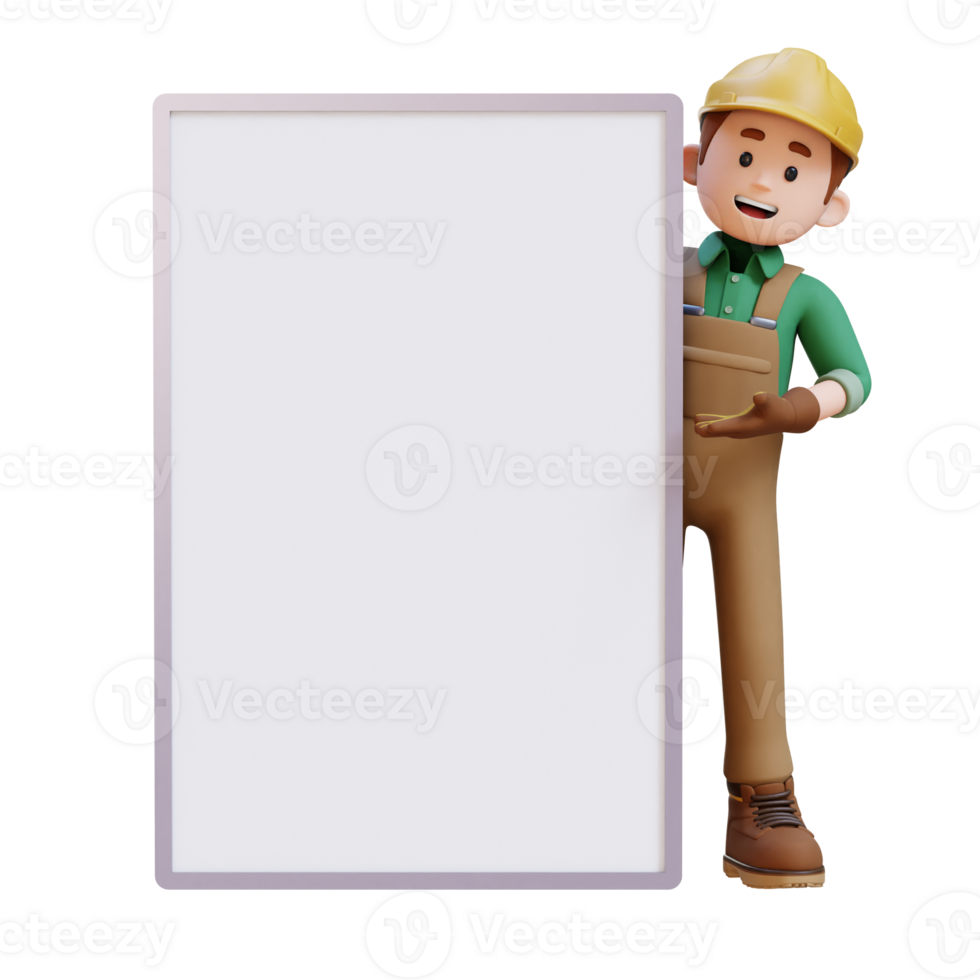 3D Construction Worker Character Presenting on Blank Placard png