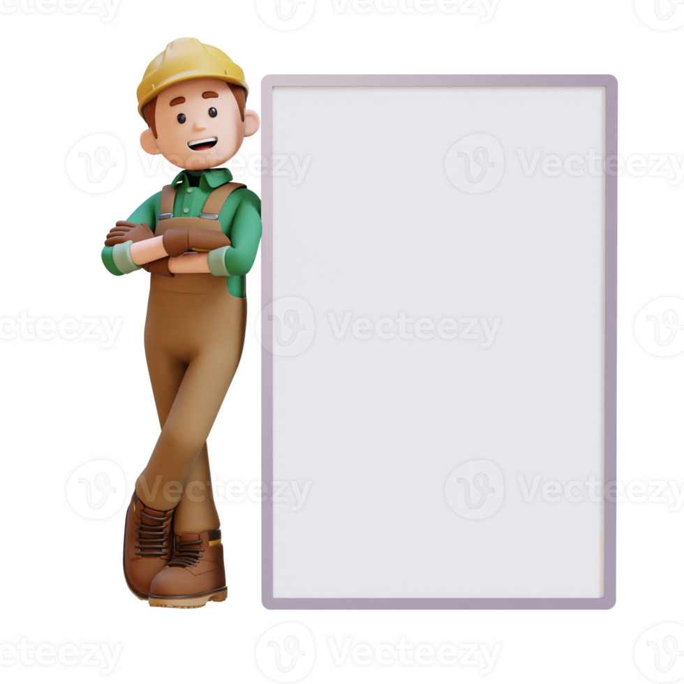 3D Construction Worker Character Lying on Blank Placard in Crossed Arm Pose png