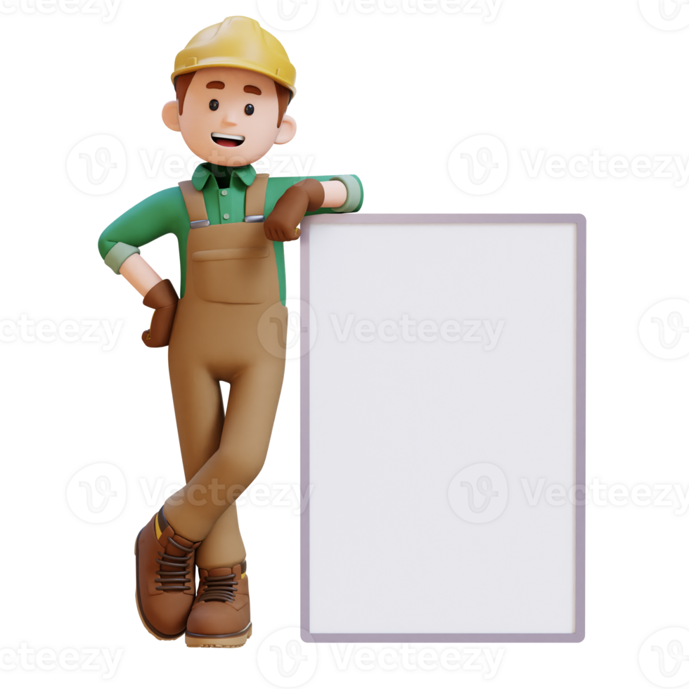 3D Construction Worker Character Lying on Blank Placard png