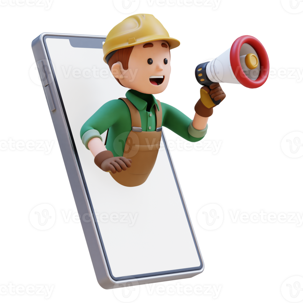 3D Construction Worker Character Jump from Phone Screen with Megaphone png