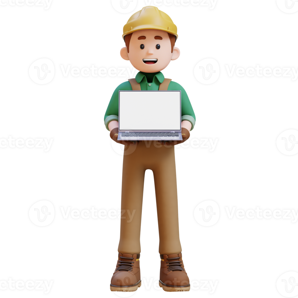 3D Construction Worker Character Holding Laptop with Empty Screen png