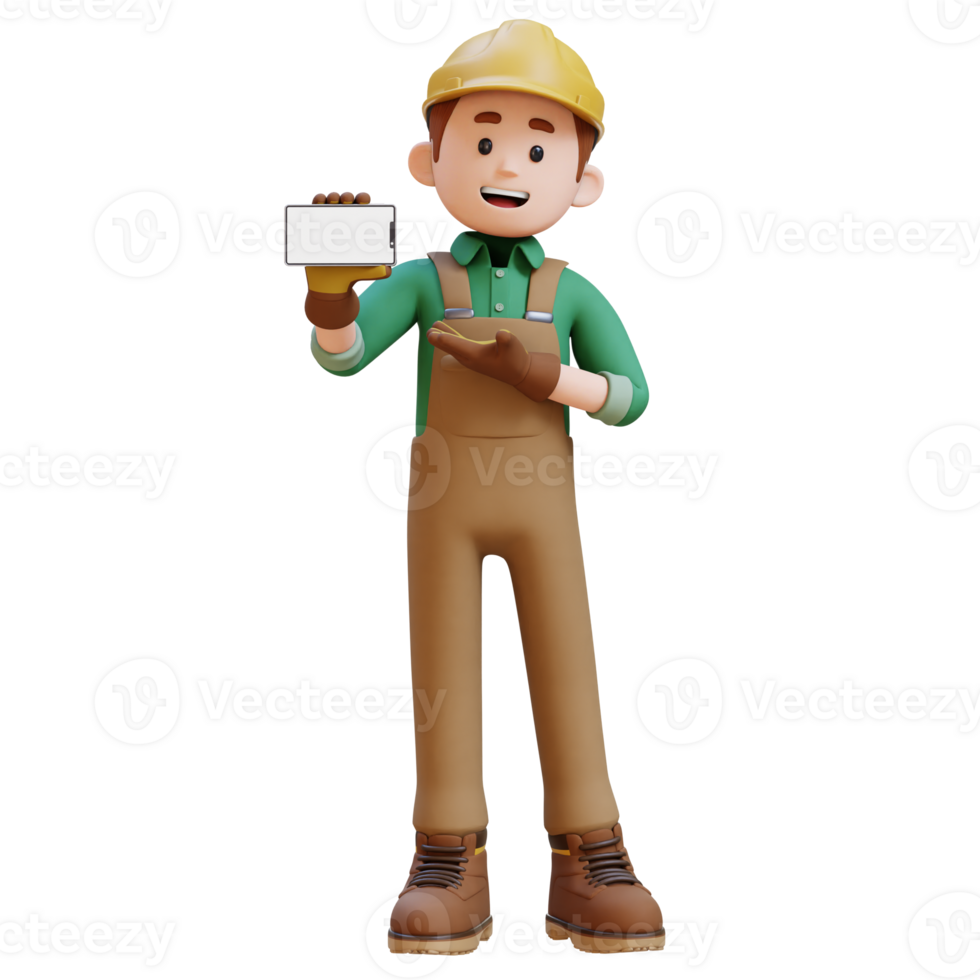 3D Construction Worker Character Presenting on Empty Phone Screen png