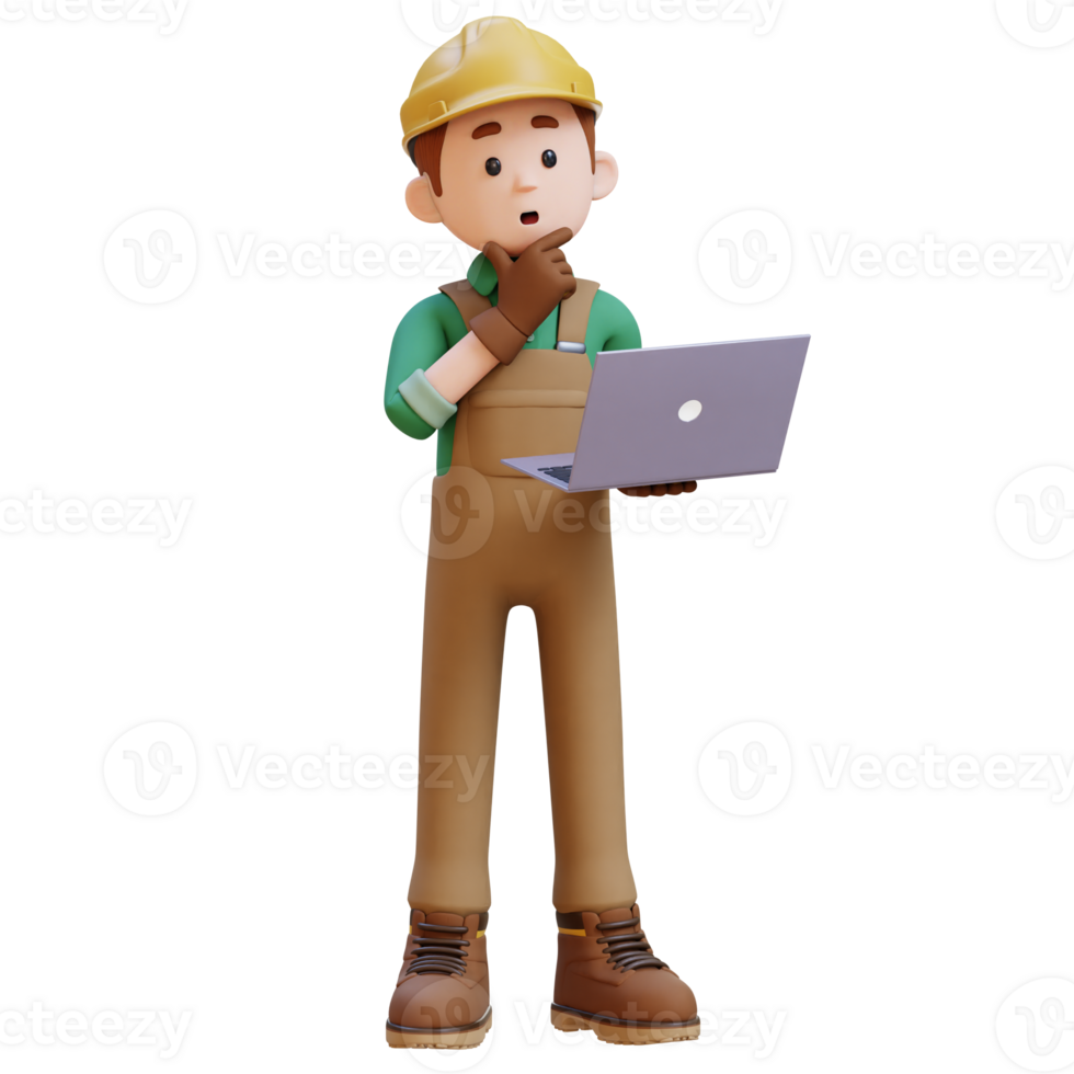 3D Construction Worker Character Thinking While Working on a Laptop png