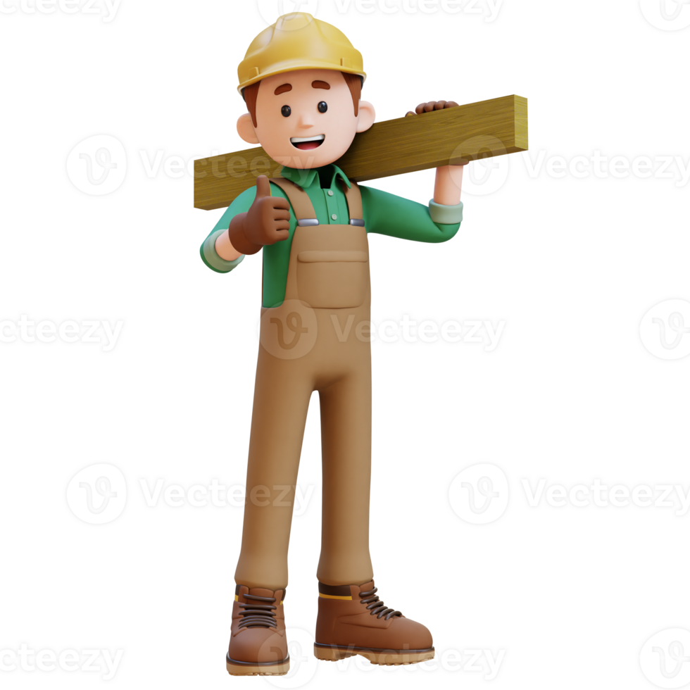 3D Construction Worker Character Carrying Wood Planks on Shoulder png