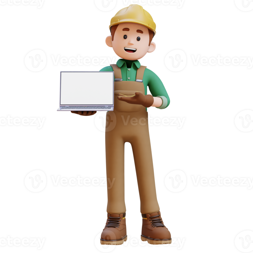3D Construction Worker Character Presenting on Empty Computer Screen png