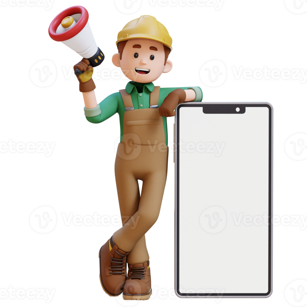 3D Construction Worker Character Holding Megaphone and Lying on Big Empty Phone Screen png