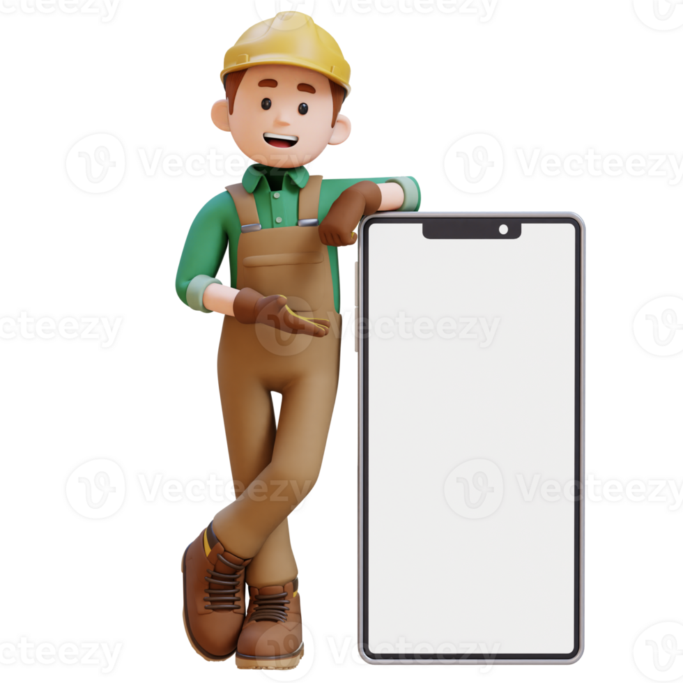 3D Construction Worker Character Presenting and Lying on Big Empty Phone Screen png
