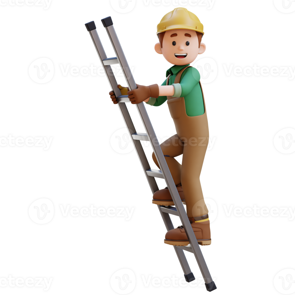 3D Construction Worker Character Climbs the Ladder png
