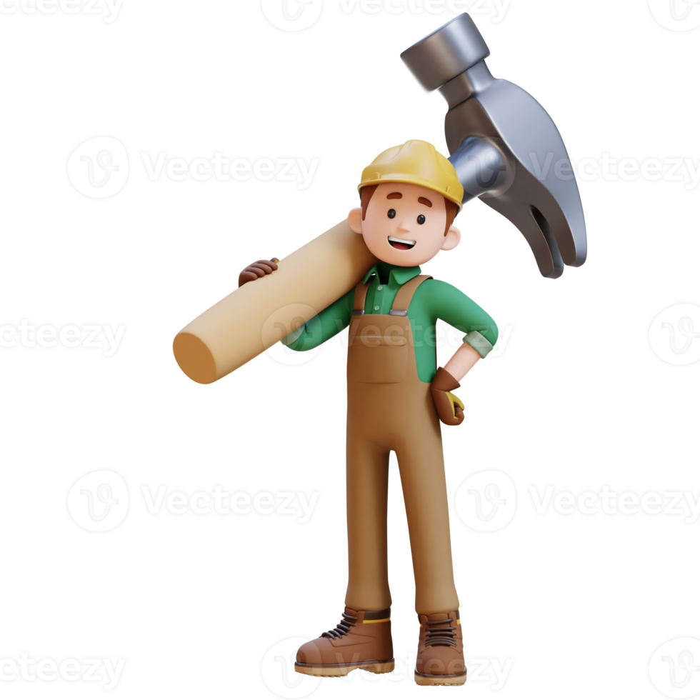 3D Construction Worker Character Carrying Big Hammer on Shoulder png