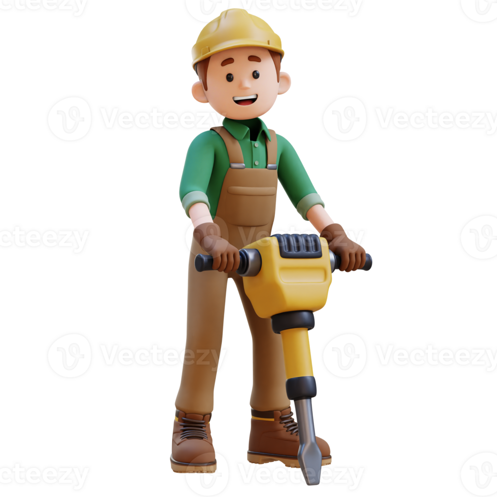 3D Construction Worker Character Working with Jackhammer png