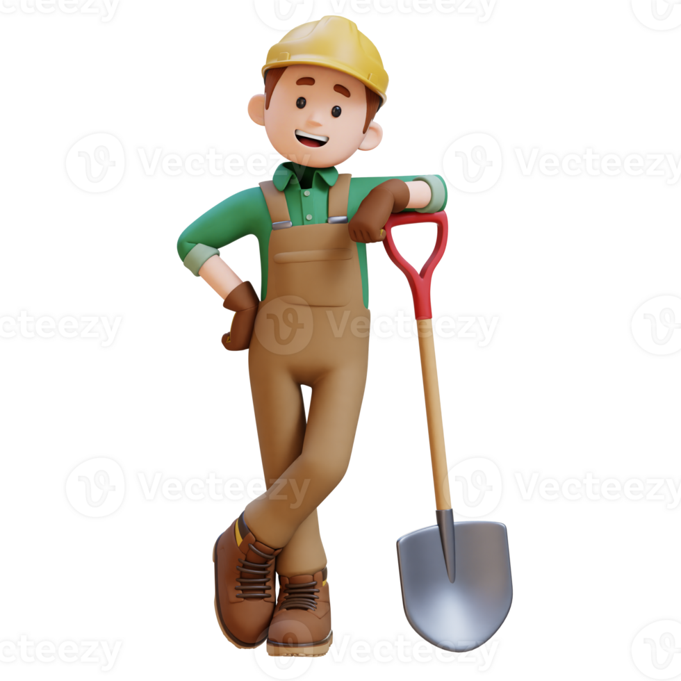 3D Construction Worker Character Lying on a Shovel png