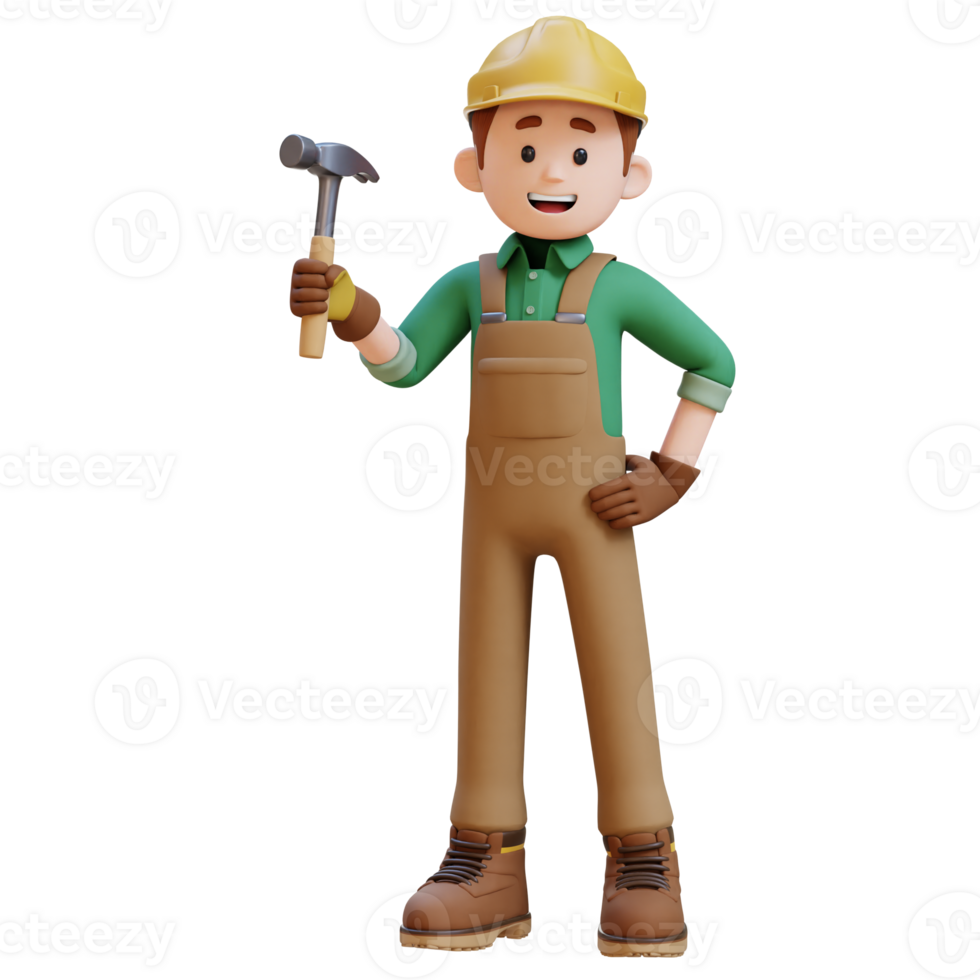 3D Construction Worker Character Holding Hammer in Confident Pose png